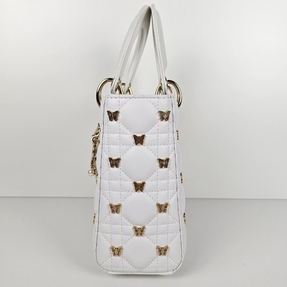 SOLD Dior Small Lady White Cannage Lambskin With Gold-Finish Butterfly Studs - Picture 4 of 13